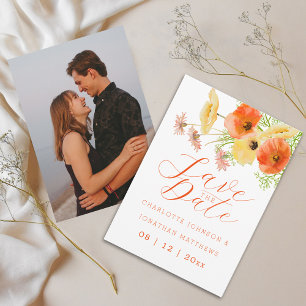 Boeketfoto bruiloft oranje geel wilde bloemen save the date