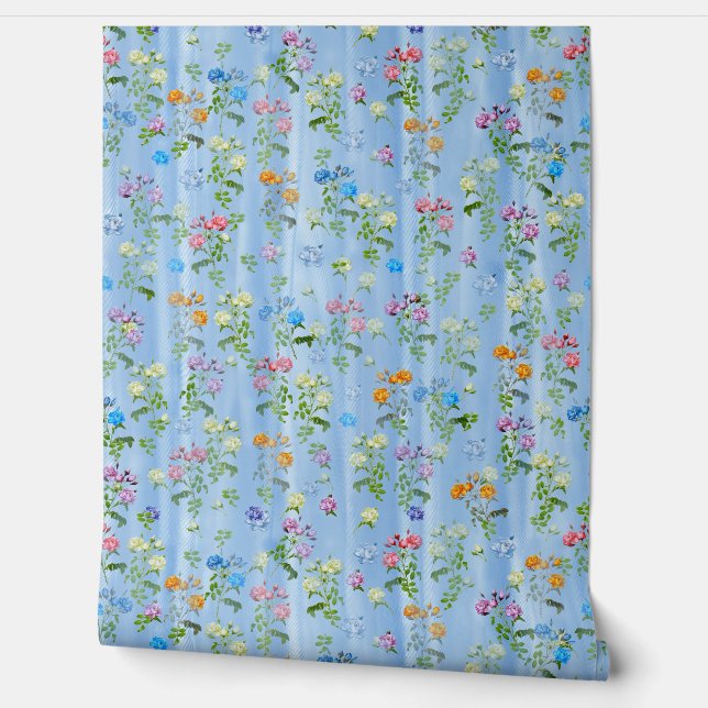 Boeketten van meerkleurige Rozen op zijden texture Behang (Afrollen)