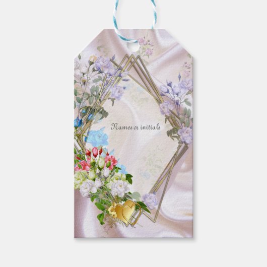 Boeketten van meerkleurige Rozen op zijden texture Cadeaulabel (Voorkant)