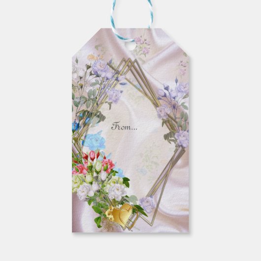 Boeketten van meerkleurige Rozen op zijden texture Cadeaulabel (Achterkant)