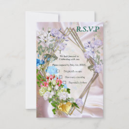 Boeketten van meerkleurige Rozen op zijden texture RSVP Kaartje