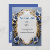 Boeketten van Zijdeachtig Blauw-Wit en Gouden Rand Aankondigingskaart (Voorkant / Achterkant)