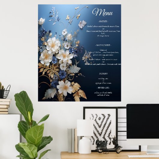 Boeketten van Zijdeachtig Blauw-Wit en Gouden Rand Poster (Thuiskantoor)