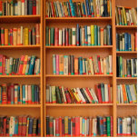 Boekhoudboekenbibliotheek Bladwijzer lezen Fotobeeldje Magneet<br><div class="desc">Schoolbibliotheekboeken op een bruin houten boekenplank voor docenten,  studenten en boekenwerms.</div>