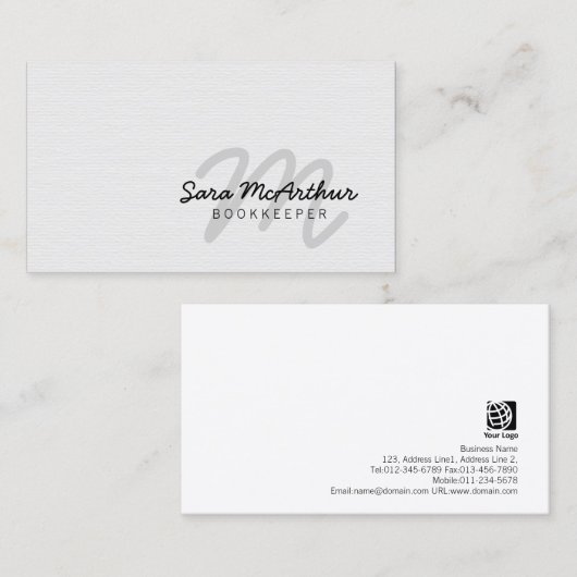 Boekhouder Finance White Paper Cursive Monogram Visitekaartje (Voorkant / Achterkant)