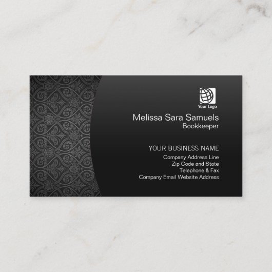 Boekhoudster Finance Services Elegant Black Damask Visitekaartje (Voorkant)