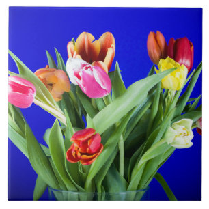 Boekje van tulpen op blauw tegeltje