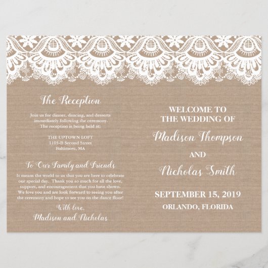 Boekjes van het programma Burlap en Lace Wedding,  Flyer (Voorkant)