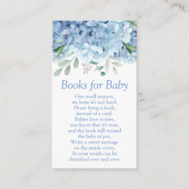 Boekjes voor baby shower met blauwe hortensia's vo informatiekaartje