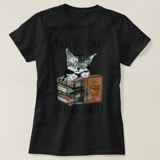 Boekkatten Leven is zoete kat Boek Lovers Lezen B T-shirt (Design voorkant)