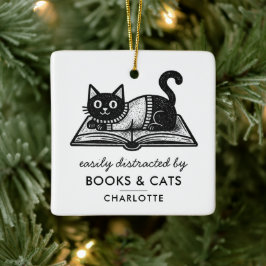 Boekliefhebber Zwarte Kat Grappige Spreuk Aangepas Keramisch Ornament