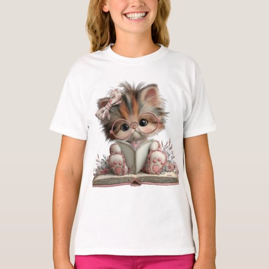 “Boeklievend Kitty” T-shirt met Cute Kat (Voorkant)