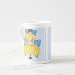 Boekmeisje dat voorzitter is, blauw geel porselein kop