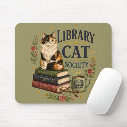 Boekminnende Lapjeskat Bibliotheek Muismat (Met muis)