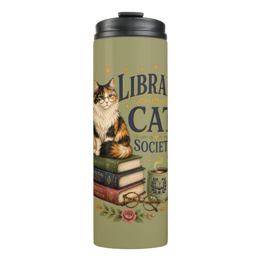 Boekminnende Lapjeskat Bibliotheek Thermosbeker (Voorkant)