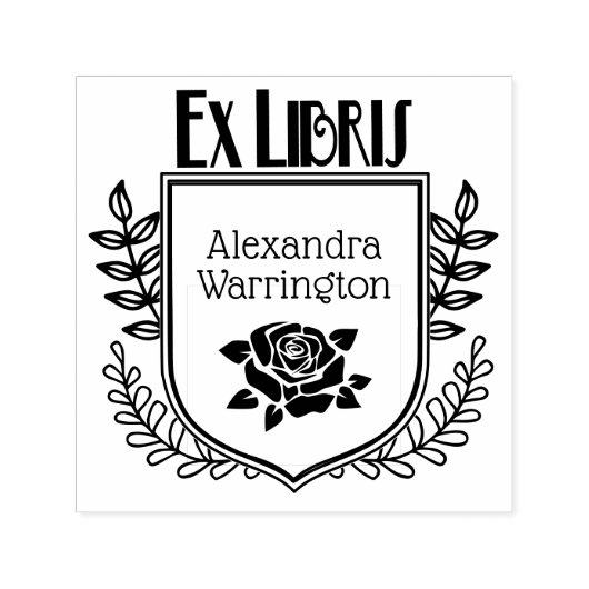 Boeknaam met botanische kam roos Ex Libris Zelfinktende Stempel (Design)