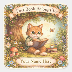 Boekplaat - Kat die een boek leest onder een boom Vierkante Sticker
