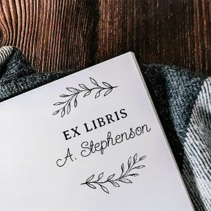 Boekplaat met botanische bladeren in rustig schrif rubberstempel