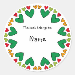 Boekplaat met groene en rode schattige hartrand ronde sticker