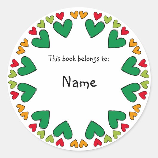 Boekplaat met groene en rode schattige hartrand ronde sticker (Voorkant)