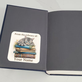 Boekplaat met kat liggend op boeken vierkante sticker