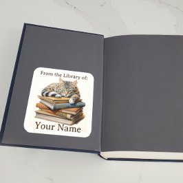 Boekplaat met kat op boeken vierkante sticker