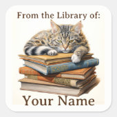 Boekplaat met kat op boeken vierkante sticker (Voorkant)