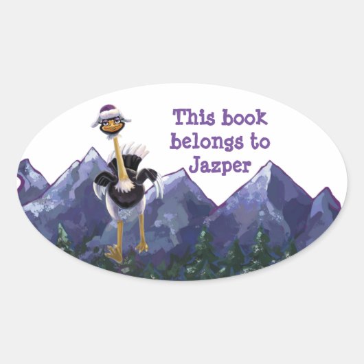 Boekplaat met struisvogel die de berg op rent ovale sticker (Voorkant)