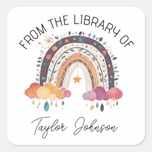 Boekplaat schattige hobo regenboog boeken vierkante sticker (Voorkant)