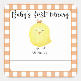 Boekplaat voor baby shower met kuiken - baby's eer vierkante sticker