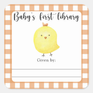 Boekplaat voor baby shower met kuiken - baby's eer vierkante sticker