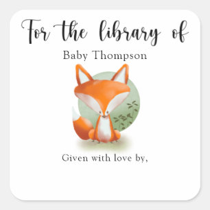 Boekplaat voor baby shower met vos, boeken voor ba vierkante sticker