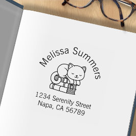 Boekplaat voor gelukkige kat stapel boeken adres rubberstempel