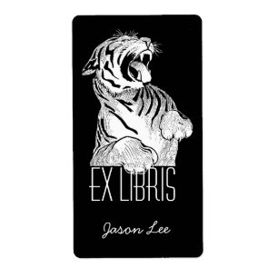 Boekplaten ex libris witte tijger grote kat op zwa etiket