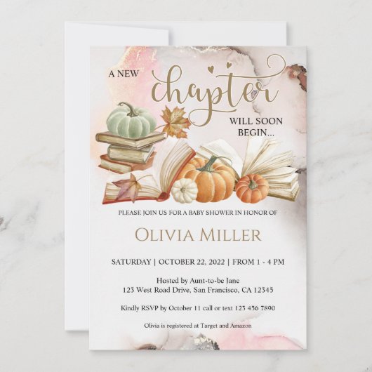 Boekthema Herfst Baby shower Uitnodiging pompoen (Voorkant)