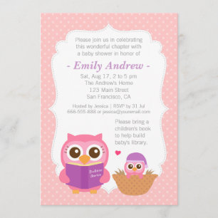 Boekthema, meisje schattige uil babyshower uitnodi kaart