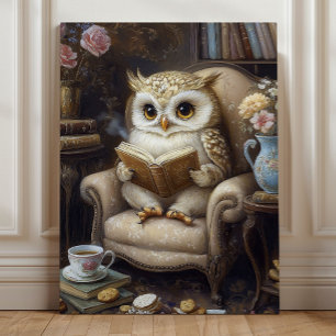Boekuil in de bibliotheek – Whimsical leesuil Canvas Afdruk