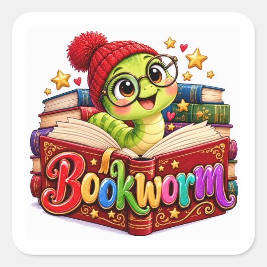 Boekworm Schildpad Lezen Grappig Vierkante Sticker (Voorkant)