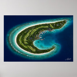 Boemerangvormig eiland met marina satellietbeeld poster