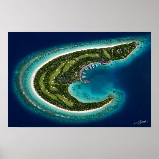 Boemerangvormig eiland met marina satellietbeeld poster (Voorkant)