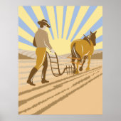 Boer en Paard die Akker Ploegen Retro Zonsopgang Poster (Voorkant)