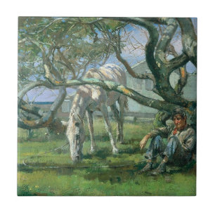 Boer en paarden in Nantucket (landschap op het pla Tegeltje