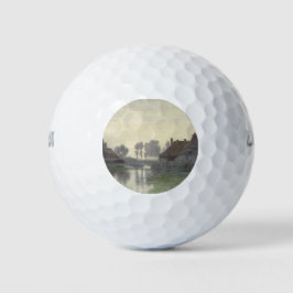 Boer Huizen op het water in de ochtendmist Golfballen