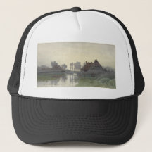 Boer Huizen op het water in de ochtendmist