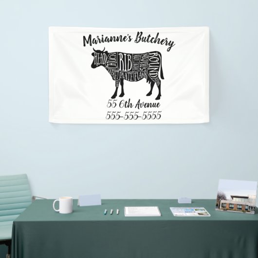boer koe rundvlees slager vlees snijder kunst klei spandoek (Beurs)