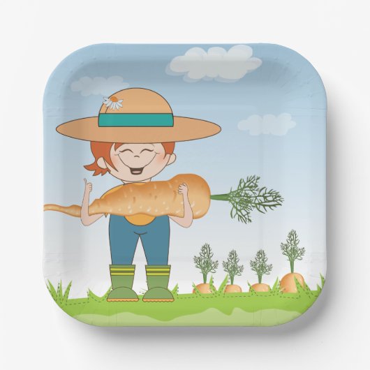 Boer Meisje met Giant Carrot Tuinieren Papieren Bordje (Voorkant)