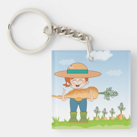 Boer Meisje met Giant Carrot Tuinieren Sleutelhanger (Voorkant)