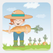 Boer Meisje met Giant Carrot Tuinieren Vierkante Sticker (Voorkant)