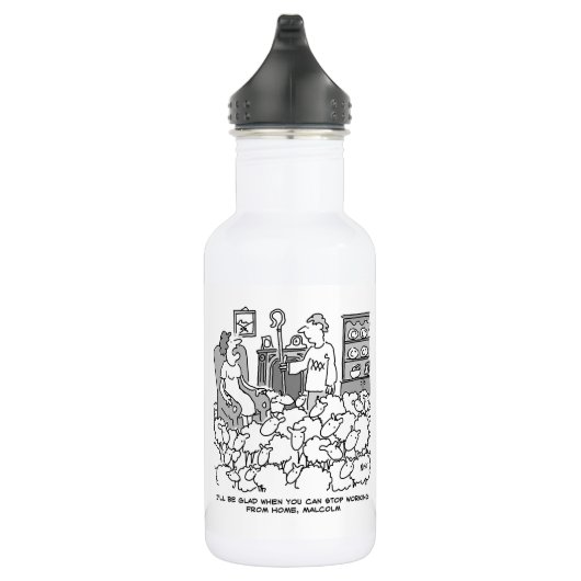 Boer werkt vanuit huis met schapen. grappig waterfles  (Rechts)