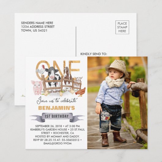 Boerderij 1e Verjaardag Barnyard Fotouitnodiging Briefkaart (Voorkant / Achterkant)